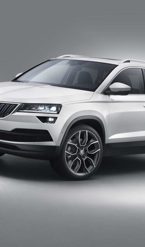 Белый внедорожник Škoda Karoq на сером фоне