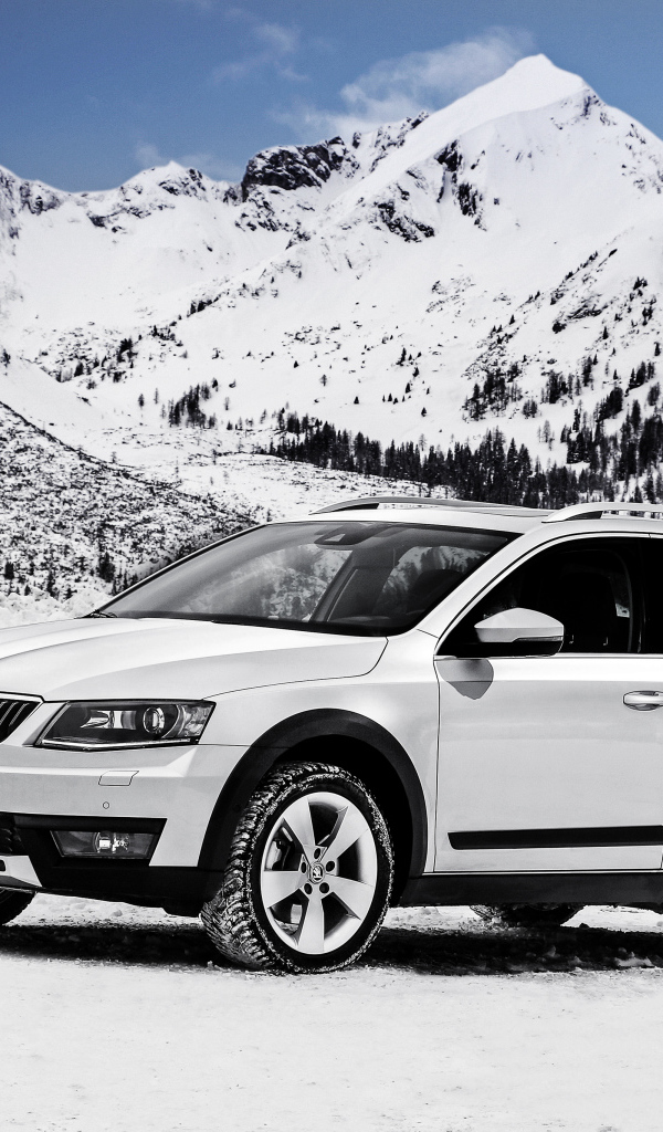 White car Skoda Octavia on a background of snow-capped mountains