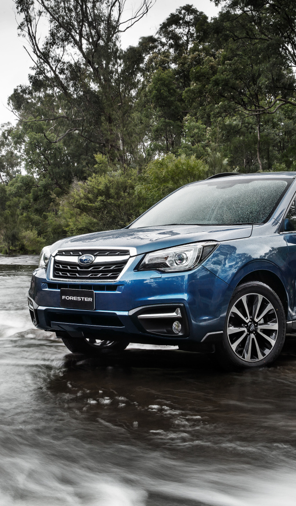 Внедорожник Subaru Forester проезжает через реку 