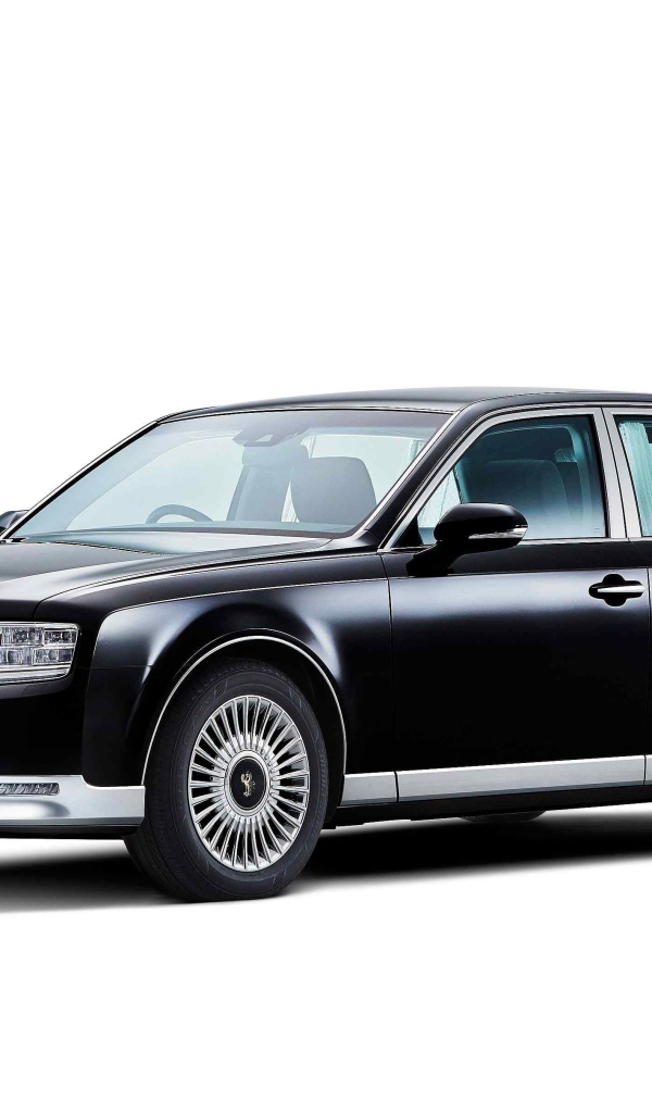 Стильный черный автомобиль Toyota Century, 2018 на белом фоне