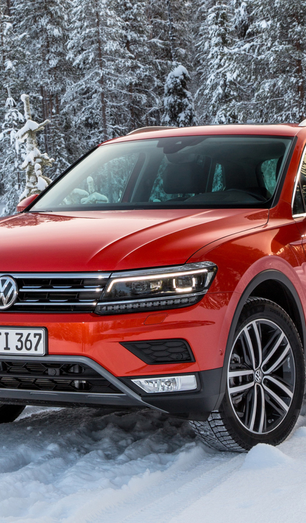 Красный Volkswagen Tiguan 2017 года в заснеженном лесу 