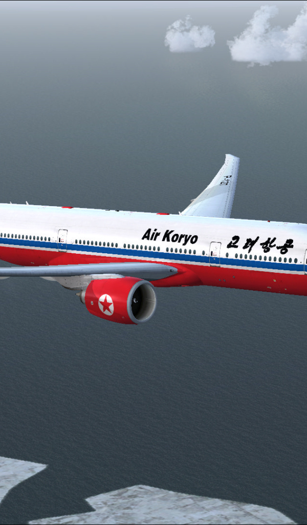 A passenger plane Boeing 777-200LR Air Koryo airline flies over the ocean