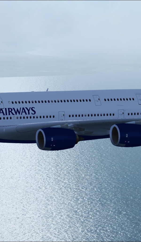 Самолет Airbus A380 British Airways летит над океаном 