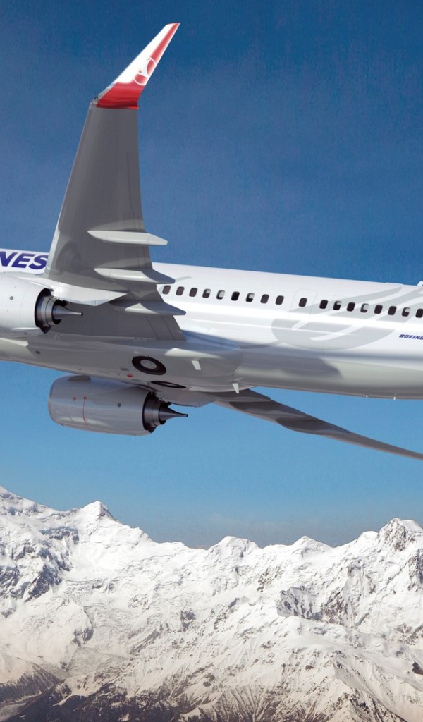 Boeing 737 - 900ER авиакомпании Turkish Airlines пролетает над заснеженными горами