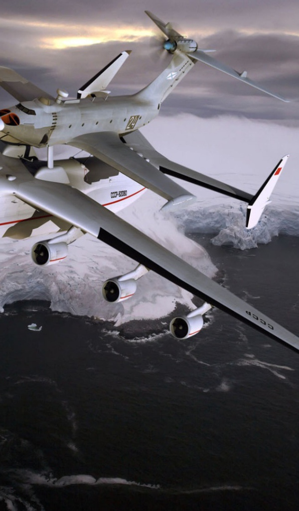 Полет транспортного самолета АН-225 Мрия над  Северным ледовитым океаном