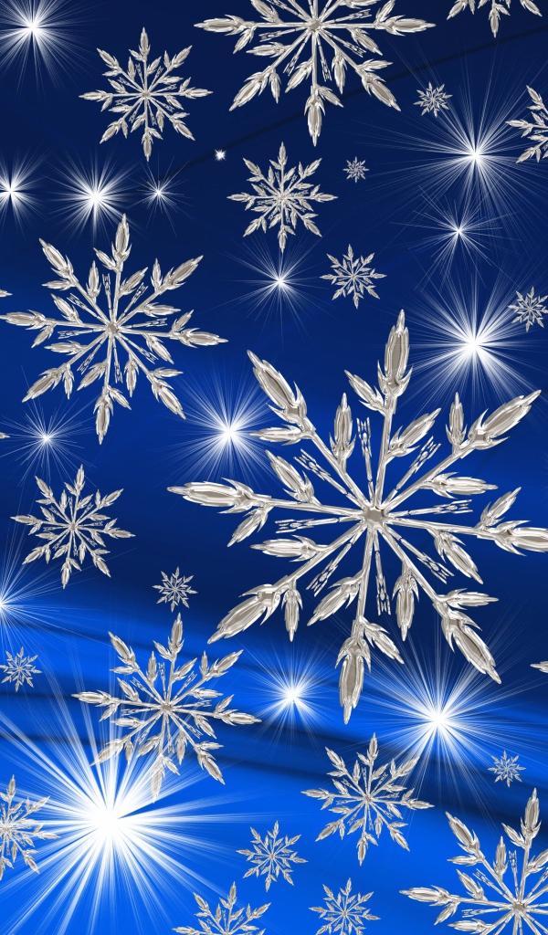 Ярки звезды и белые снежинки на голубом фоне