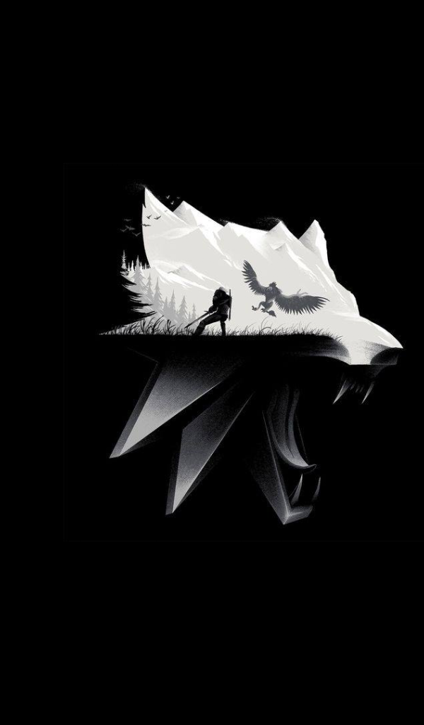 Белая голова волка на черном фоне 