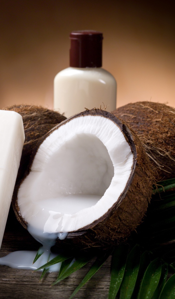 Кокосовое масло с кокосовым мылом и свежими кокосовыми орехами на зеленых листьях