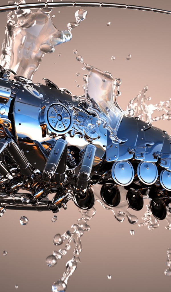 Механический рак в каплях воды 