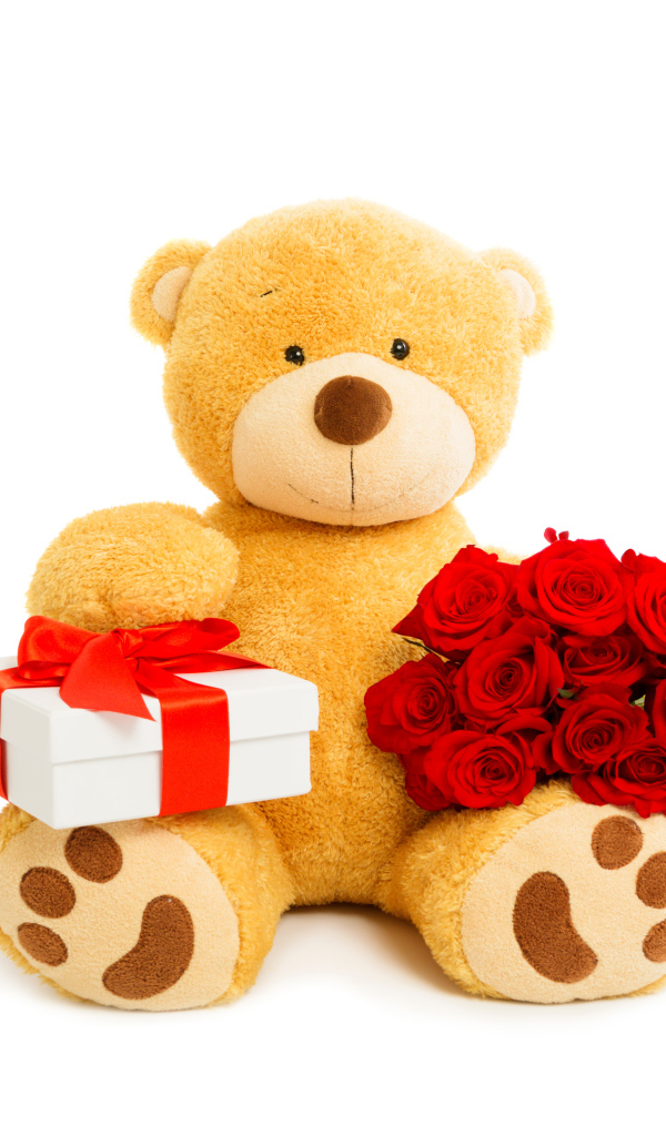 Плюшевый медведь с букетом красных роз и подарком