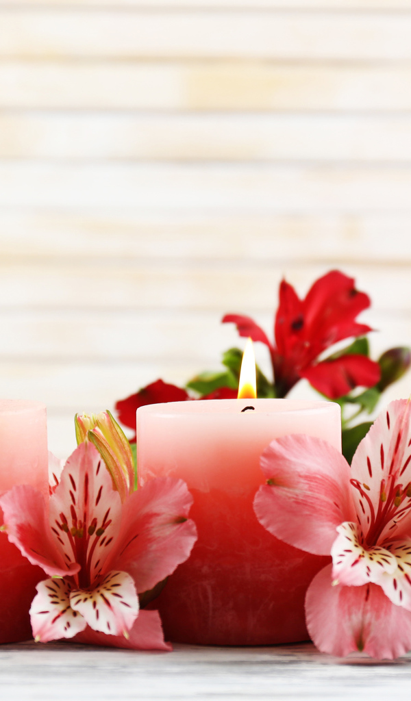 Три розовых свечи с цветами амариллиса