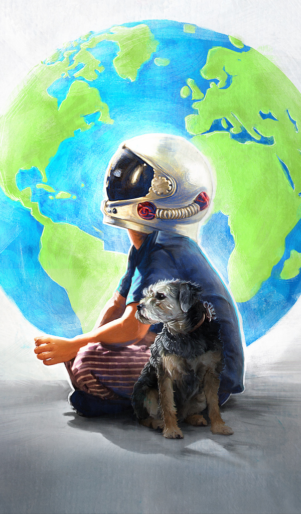 Нарисованный мальчик в шлеме космонавта с собакой