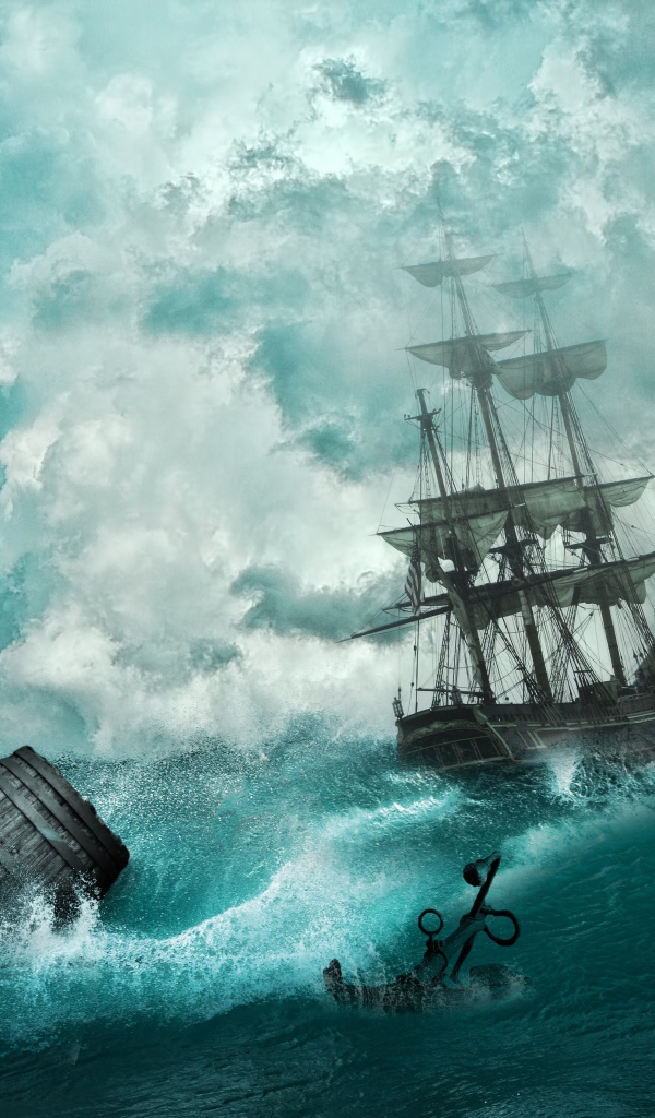 Пиратский корабль в бушующем океане во время шторма