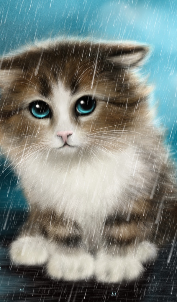 Маленький грустный нарисованный котенок под дождем