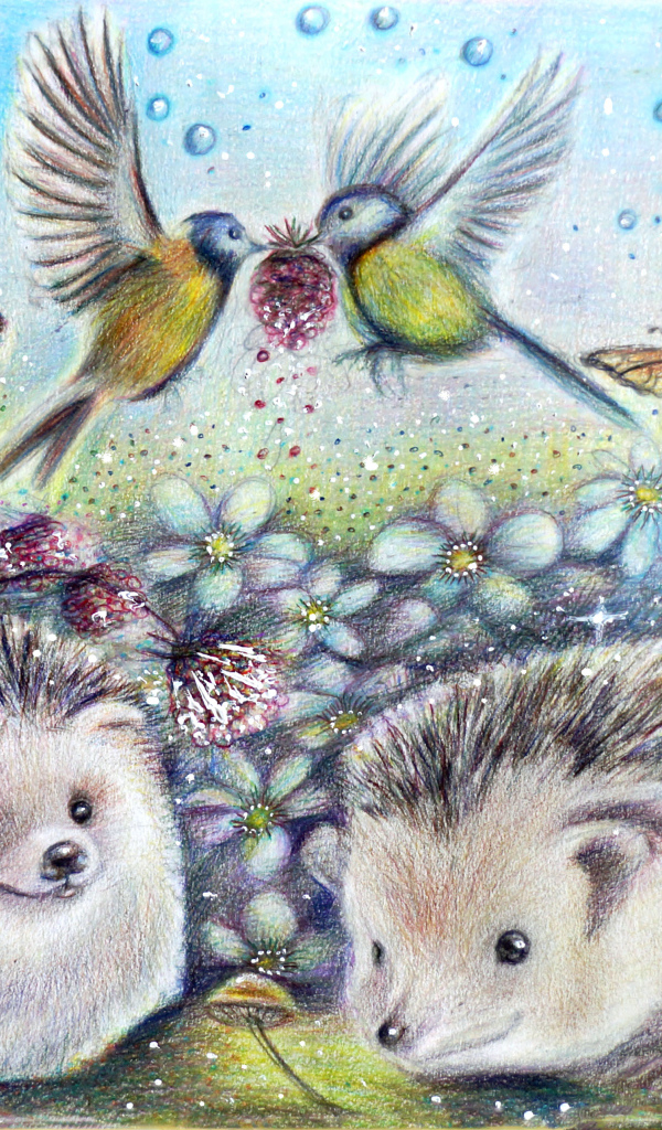 Drawn hedgehogs with butterflies and birds