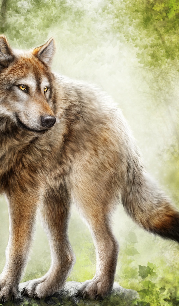 Нарисованный большой волк стоит в лесу