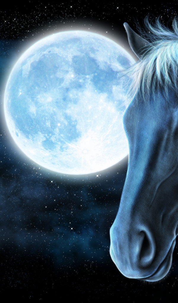 Нарисованная лошадь на фоне большой яркой луны