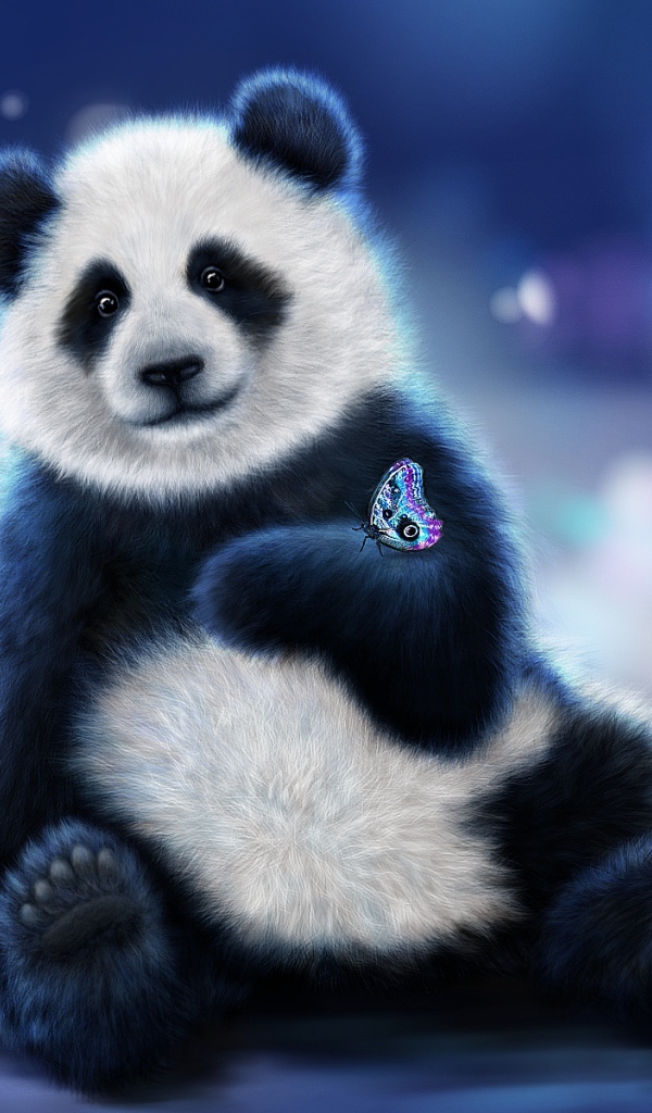 Нарисованный медведь панда с бабочкой на лапе