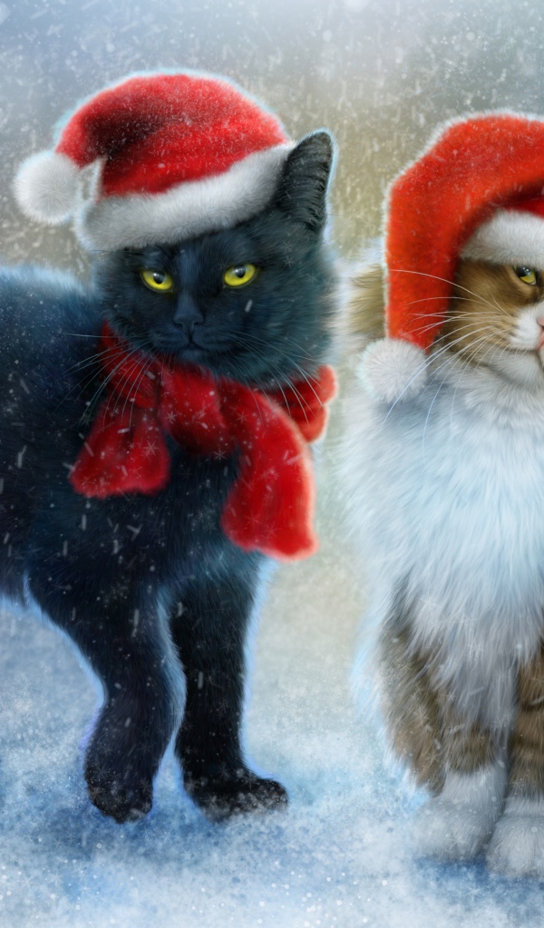 Два нарисованных кота в новогодних шапках на снегу