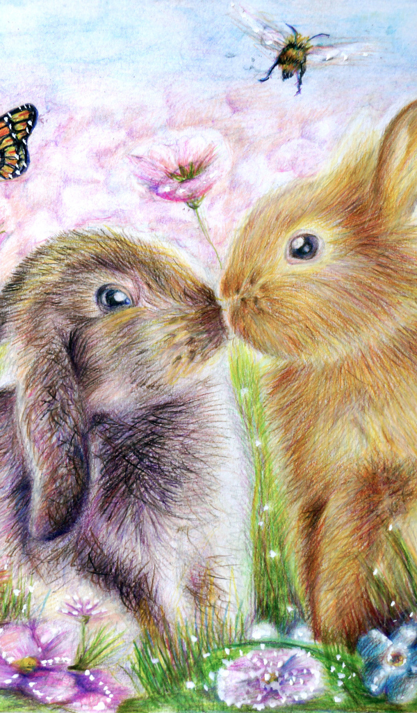 Два нарисованных кролика с бабочками