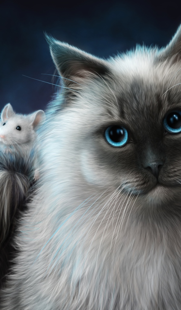 Большой пушистый фантастический кот с белым мышонком