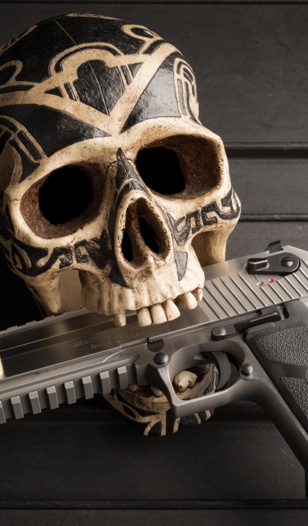 Разрисованный череп с пистолетом в зубах