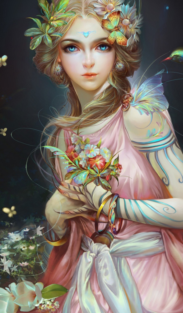 Красивая фантастическая девушка с необычными цветами