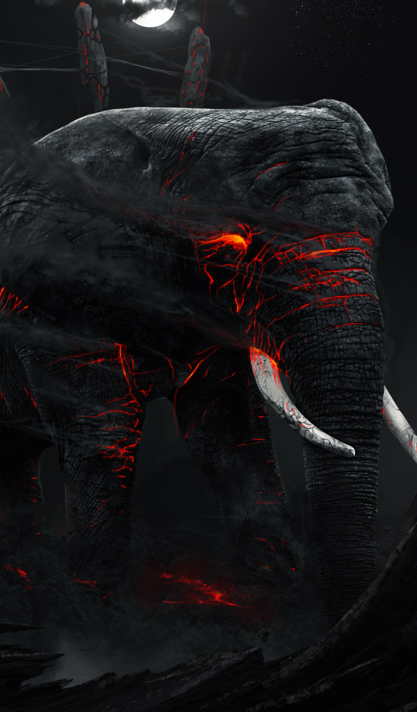 Большой черный слон с магмой внутри в разрушенном городе