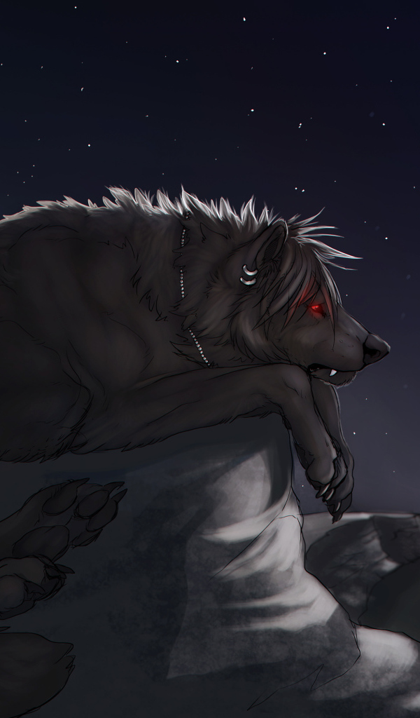 Большой черный волк на камне под луной