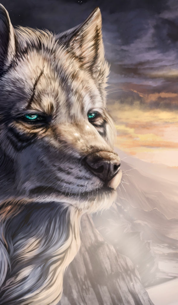 Большой фантастический волк с зелеными глазами