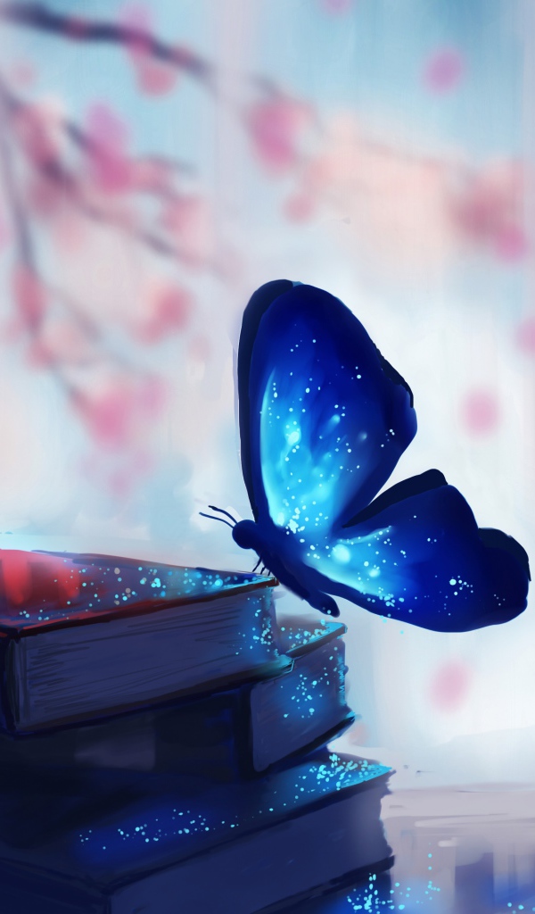 Голубая волшебная бабочка сидит на книгах