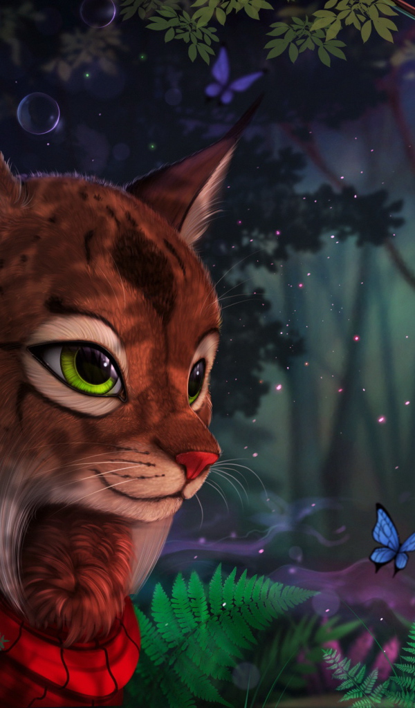 Фантастическая волшебная рысь в лесу с бабочками