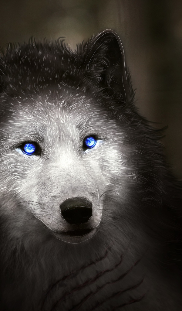 Фантастический белый волк с голубыми глазами