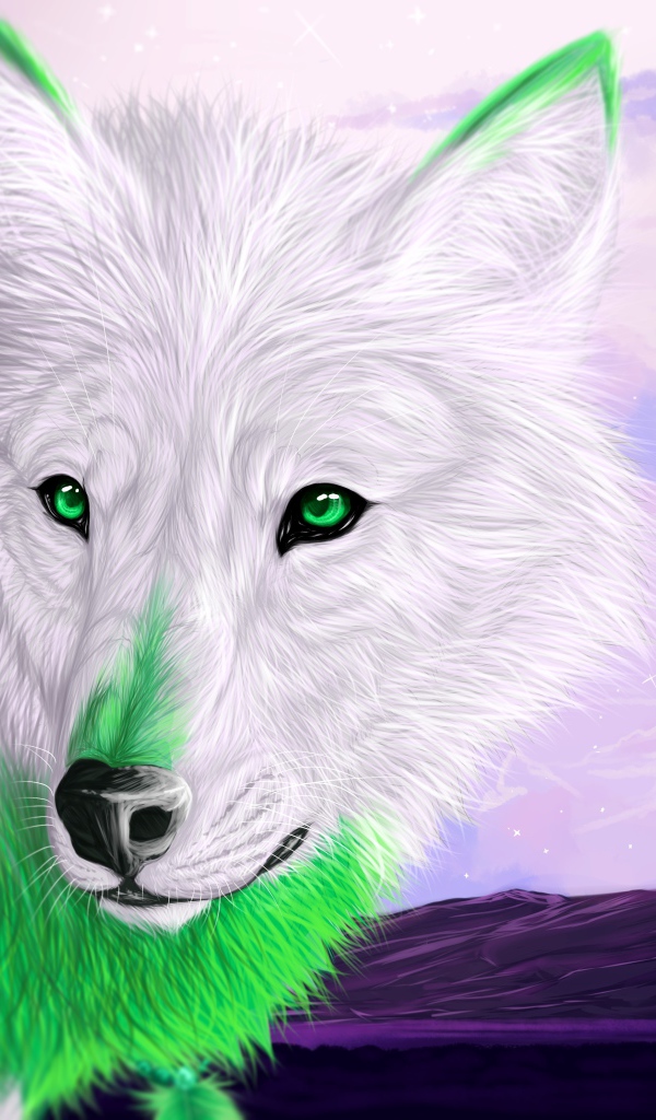 Белый волк с зелеными глазами