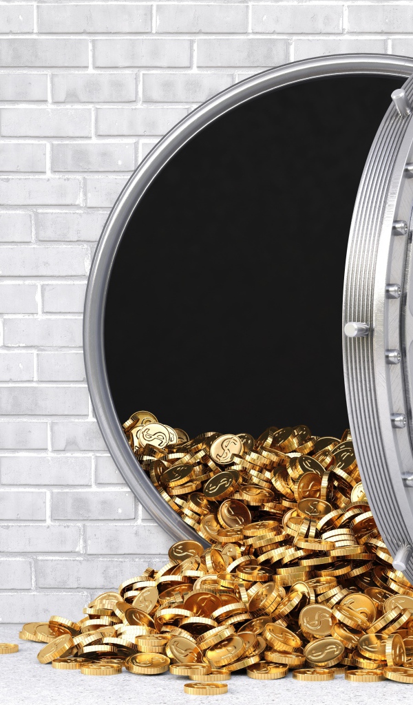 Золотые монеты выпадают из сейфа в серой стене