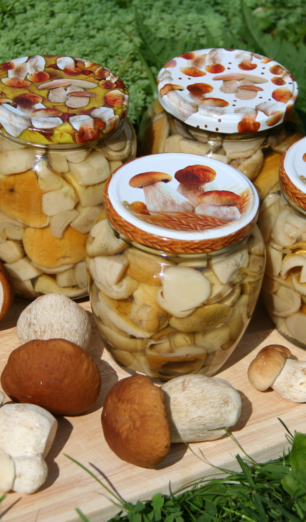 Консервированные грибы в банках на разделочной доске со свежими