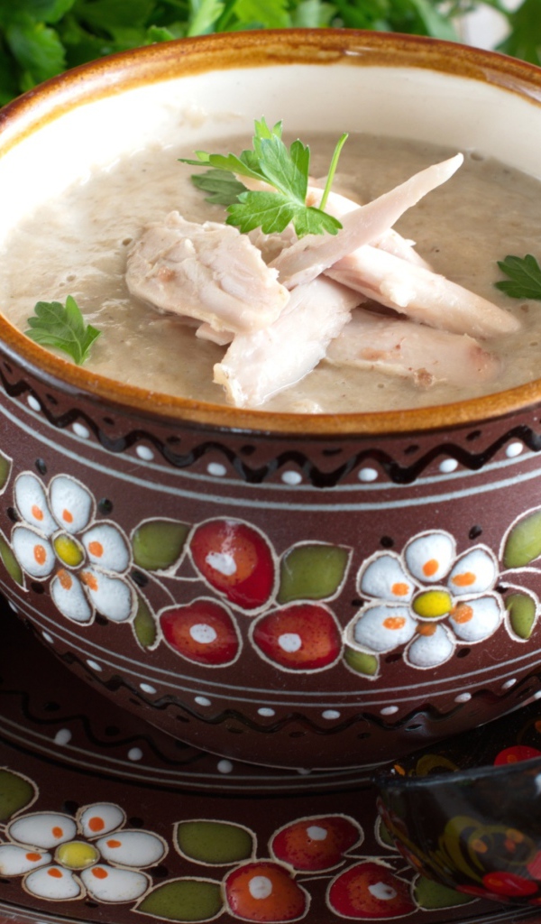 Суп с курицей в красивой тарелке на столе с черным хлебом