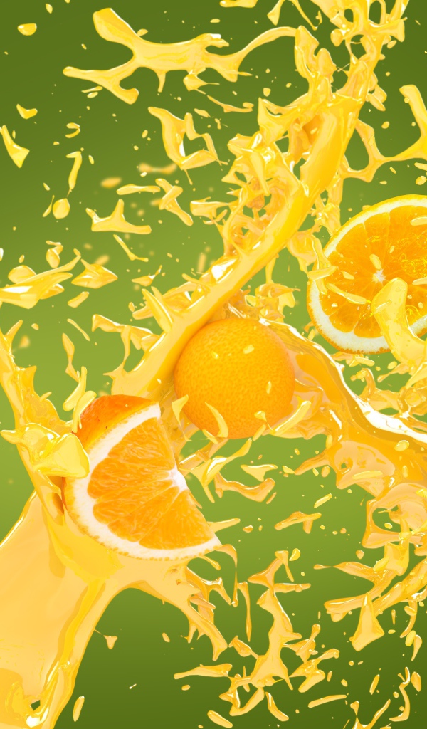 Кусочки апельсина в брызгах сока на зеленом фоне