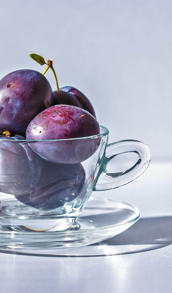 Спелые синие сливы на столе в стеклянной чашке