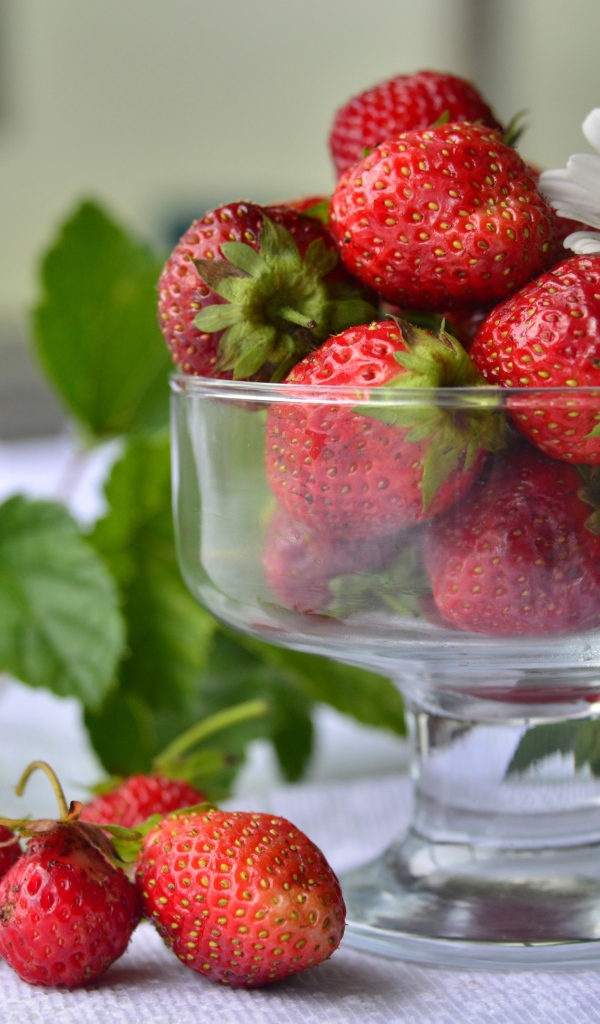 Спелая красная клубника в стеклянной вазе на столе 