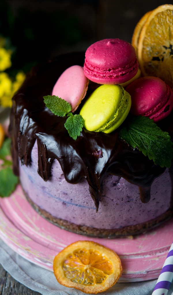 Торт из ягодного мусса с шоколадом украшен макарунами