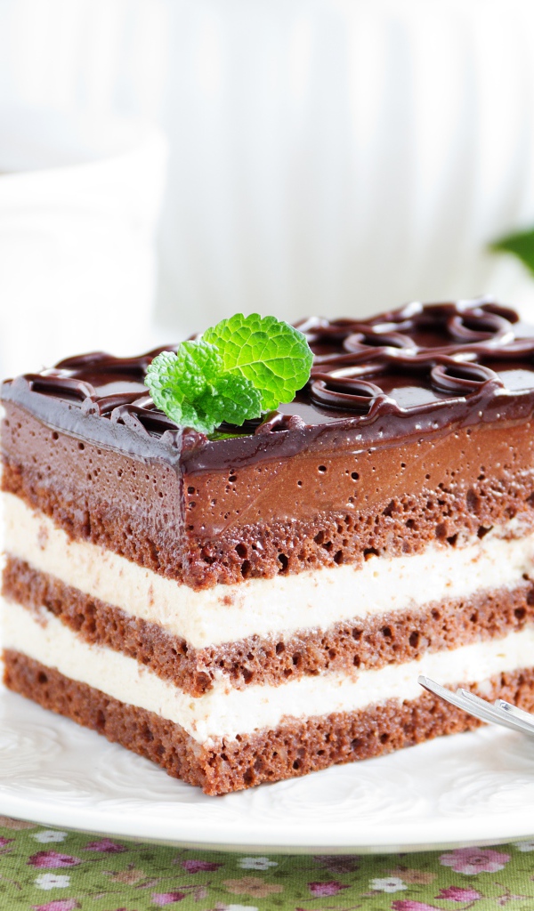 Пирожное с шоколадным и сливочным кремом на белой тарелке