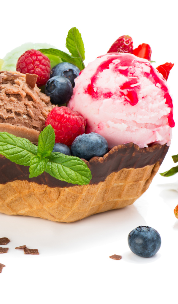 Шарики фруктового мороженого с вафельной корзинке со свежими ягодами