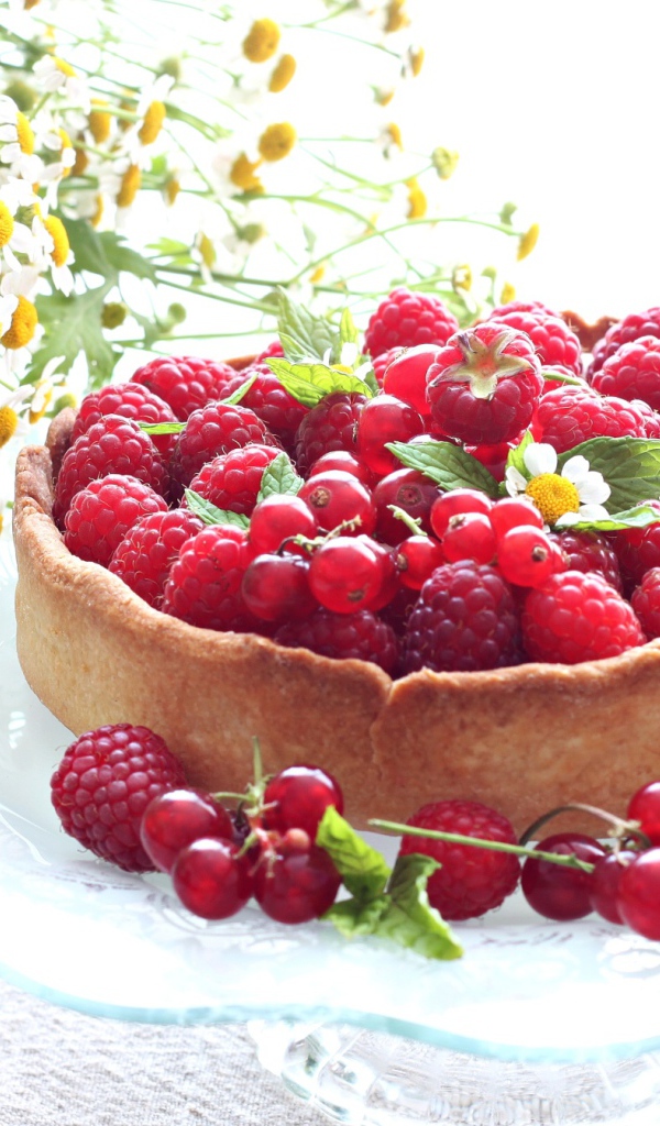 Пирог с ягодами малины и смородины на столе с ромашками