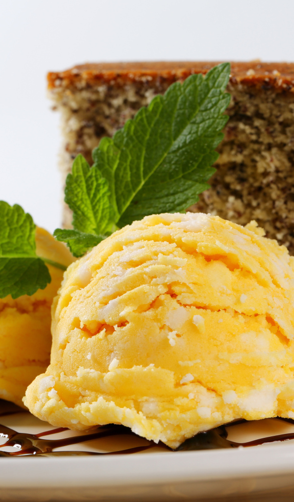 Два шарика фруктового мороженого с кусочком пирога