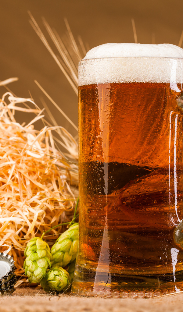 Бокал пива с пеной на столе с хмелем и соломой
