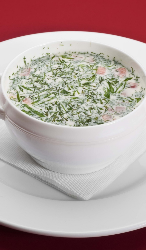 Окрошка в белой пиале на белой тарелке