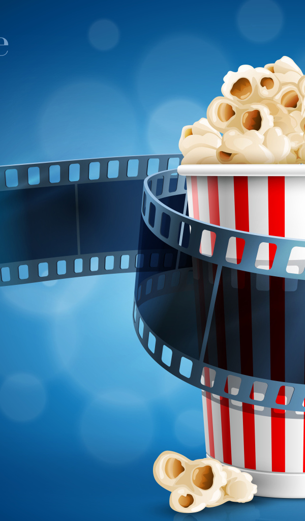 Стакан попкорна и кинолента на голубом фоне с надписью  Movietime