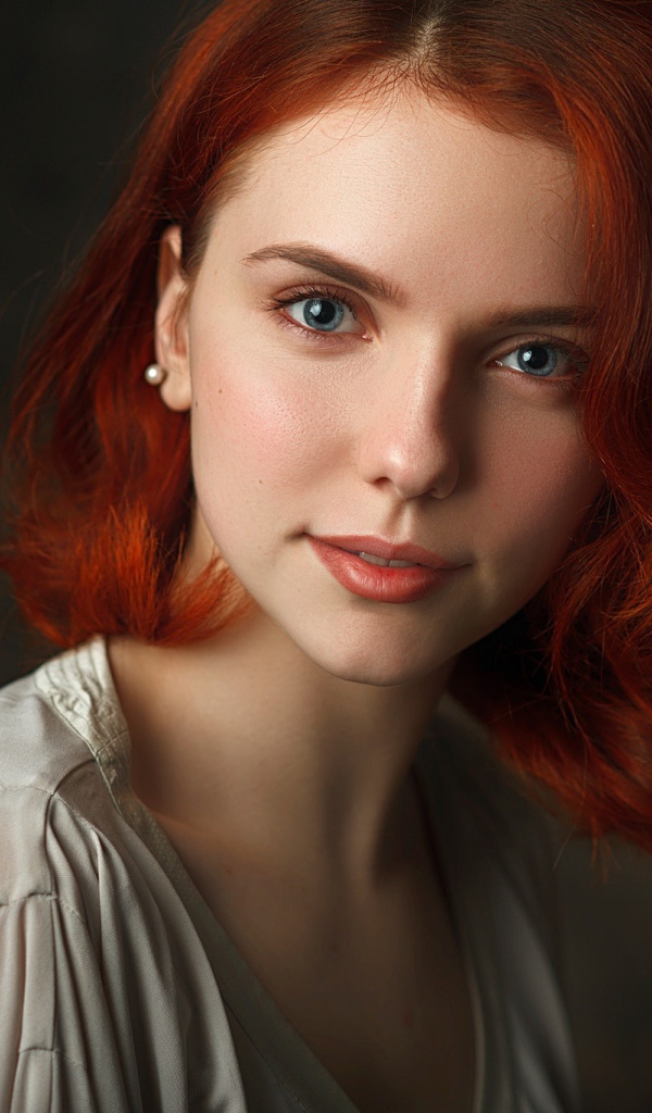 Красивая голубоглазая девушка с короткими рыжими волосами
