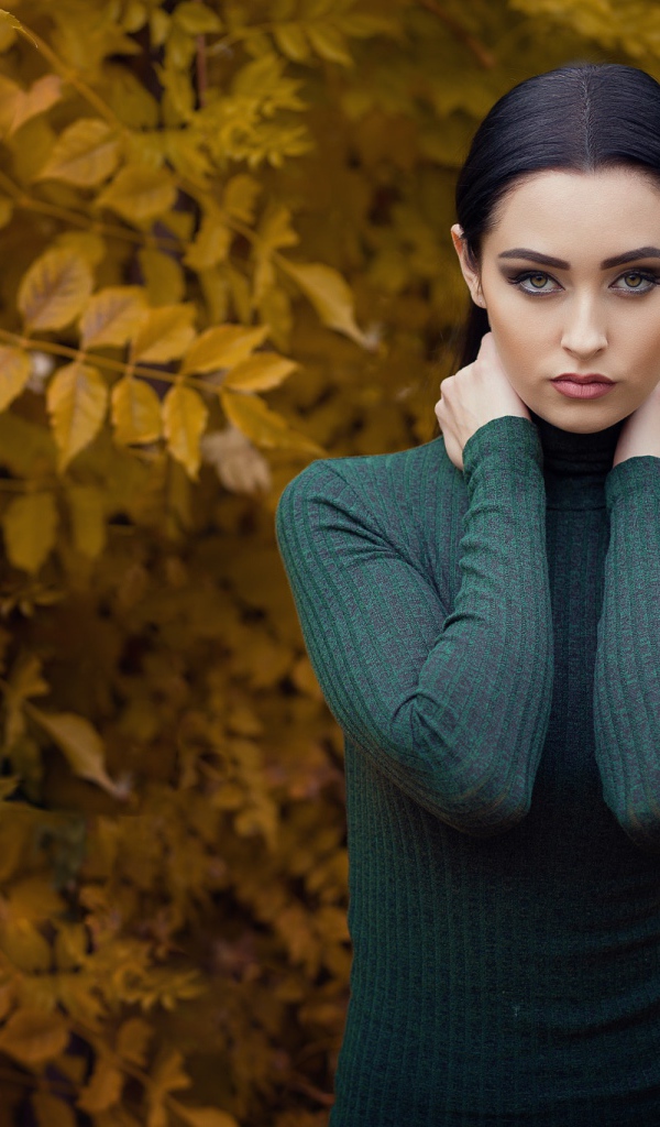 Красивая брюнетка позирует на фоне желтых листьев